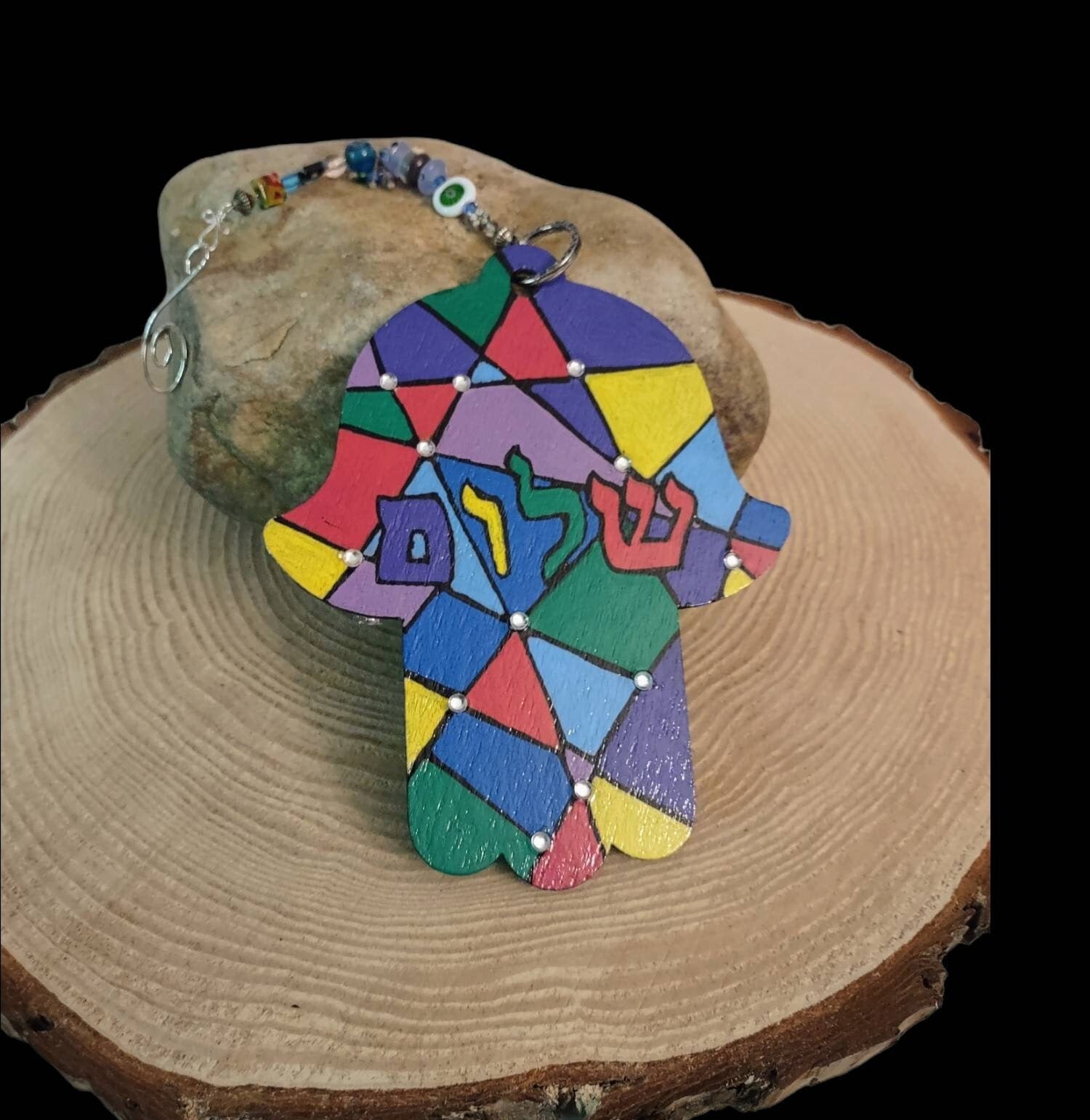 Faux stained glass hamsa and mezuzah set — painted wood hamsa with matching case | Judaica Square Lakewood (view 4)