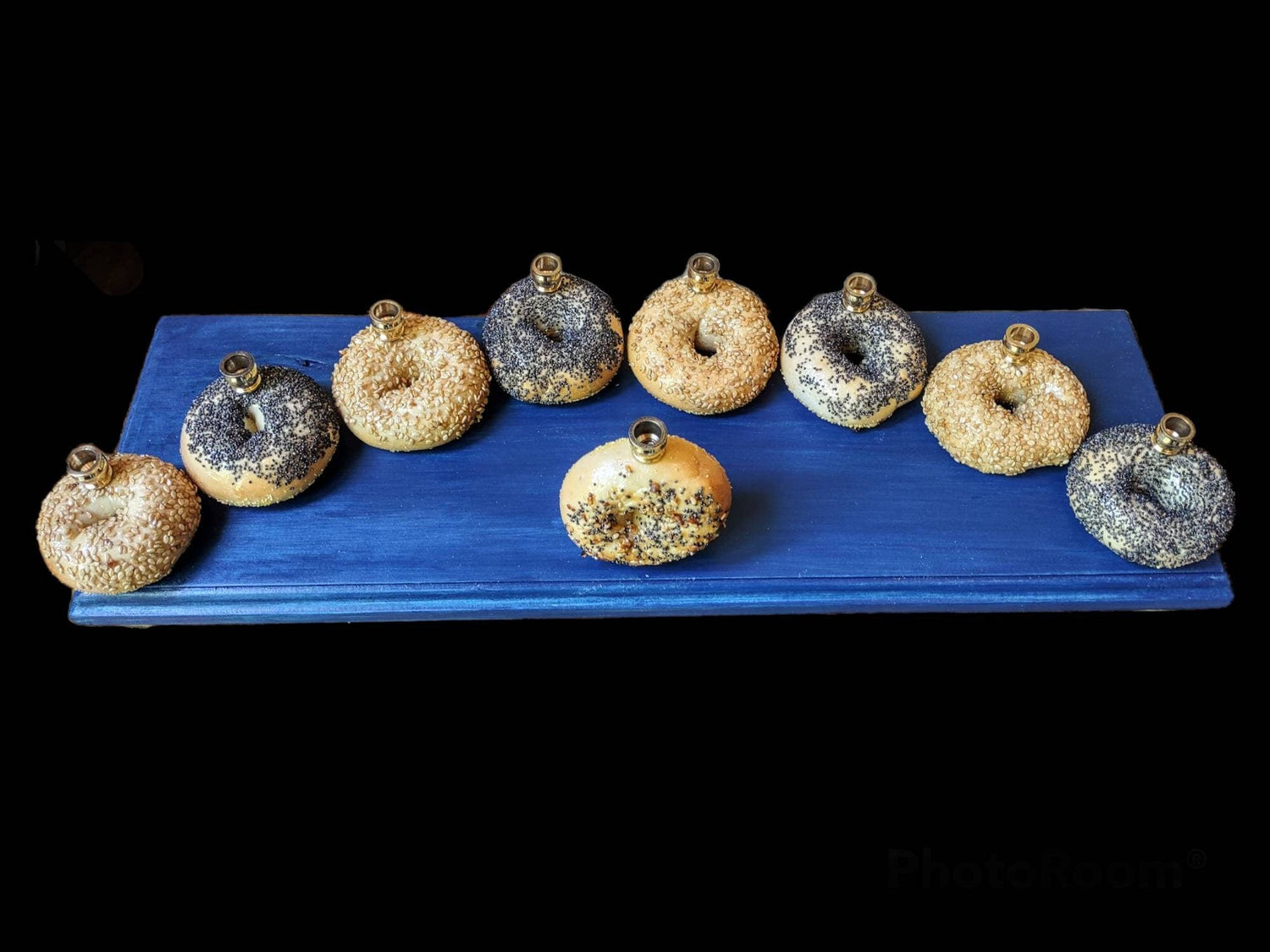Bagel Lover's Menorah — nine real shellacked bagels on a long stained wood base | Judaica Square Lakewood (view 3)
