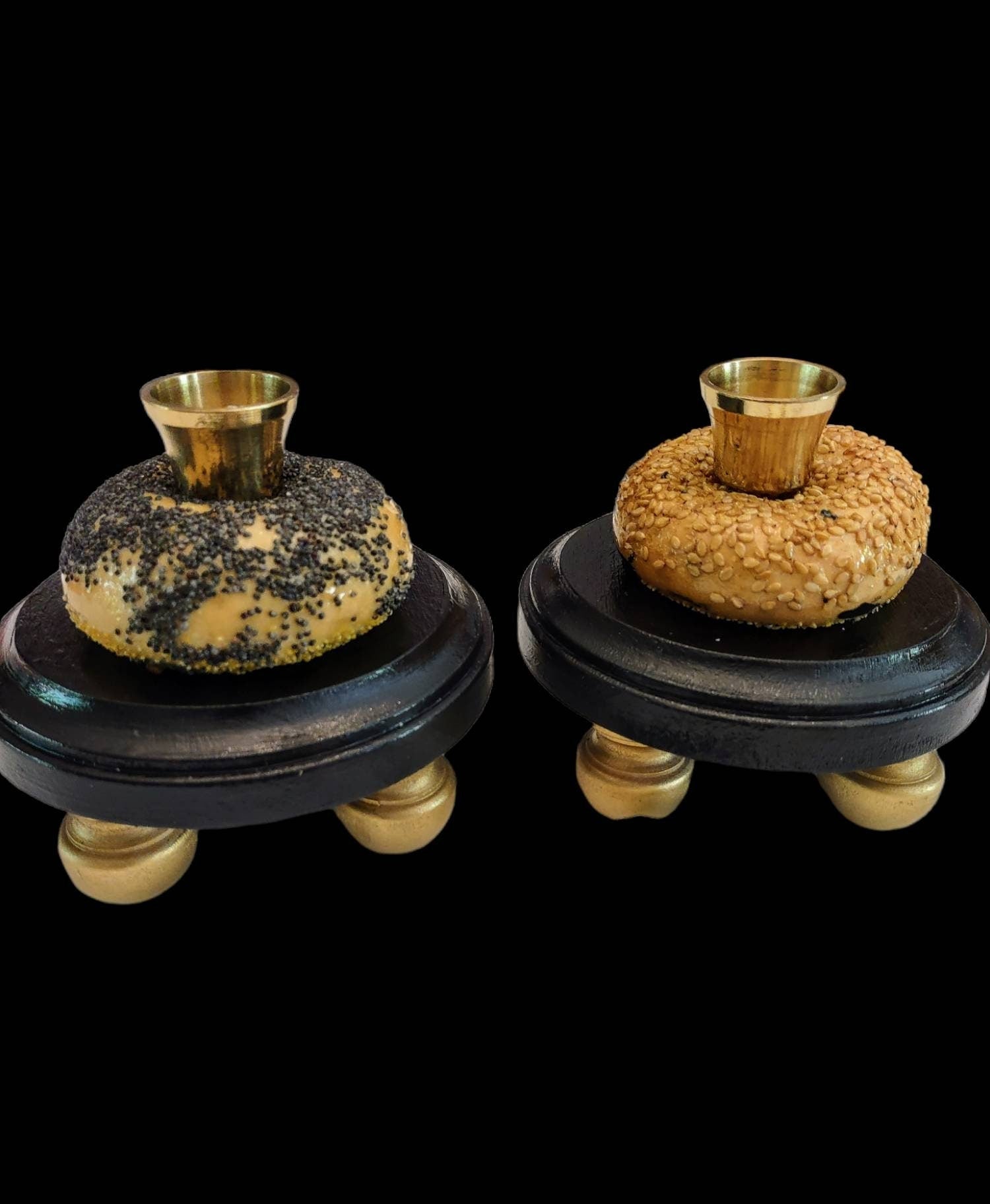 Bagel Shabbat candlesticks — shellacked real bagels on painted wood bases with brass candle cups | Judaica Square La (view 2)