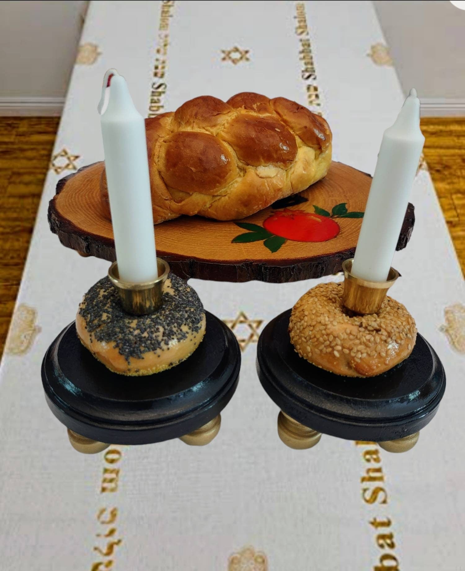Bagel Shabbat candlesticks — shellacked real bagels on painted wood bases with brass candle cups | Judaica Square La (view 5)