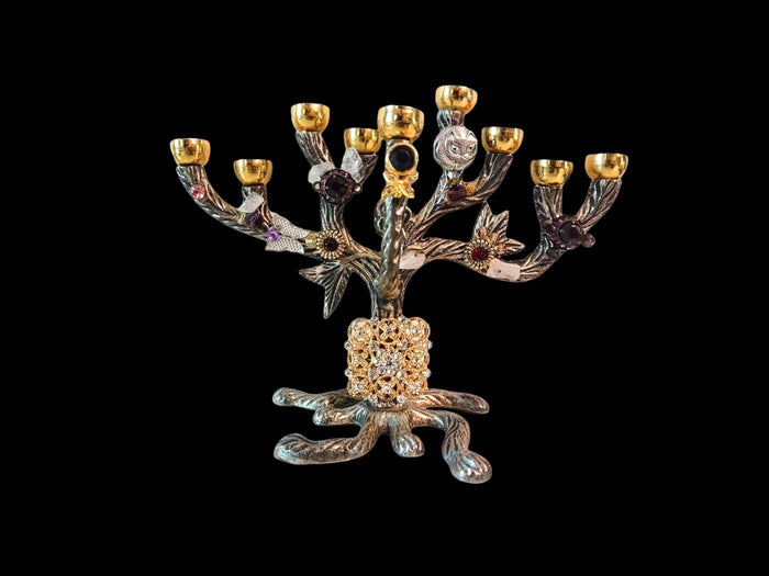 Tree of Life Menorah — jeweled tree of vintage earrings, buttons and crystals | Judaica Square Lakewood