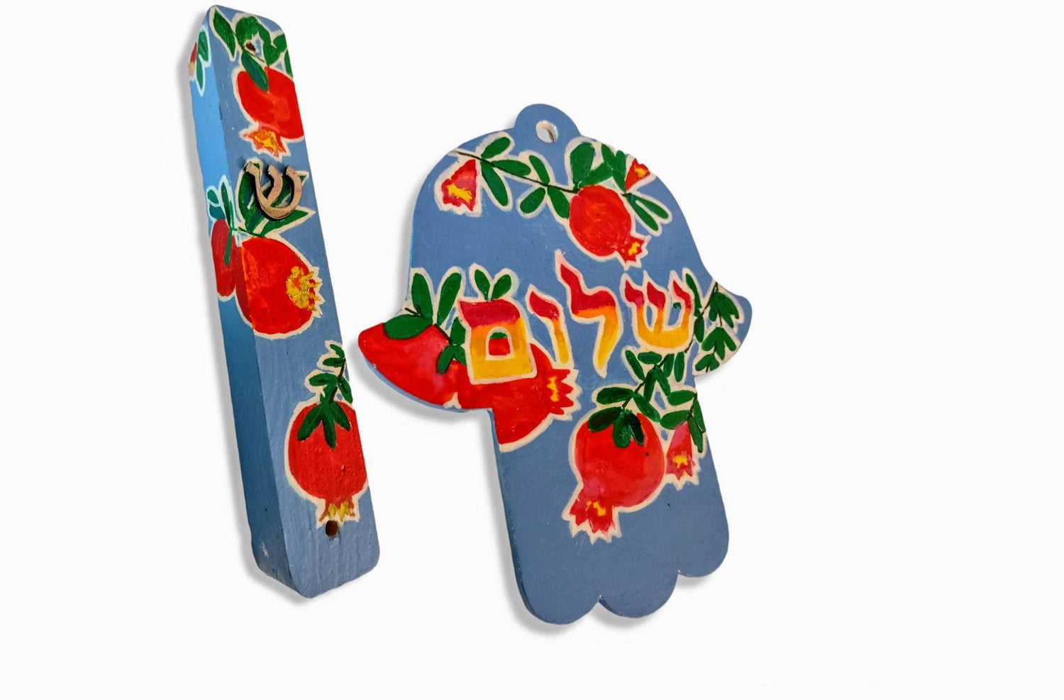 Pomegranate mezuzah case and hamsa set — red and green painted pomegranates on wood | Judaica Square Lakewood (view 2)