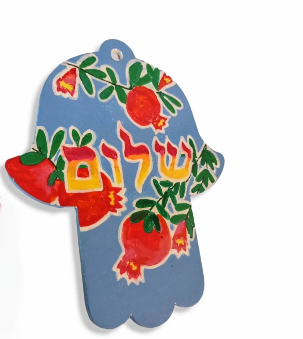 Pomegranate mezuzah case and hamsa set — red and green painted pomegranates on wood | Judaica Square Lakewood (view 5)