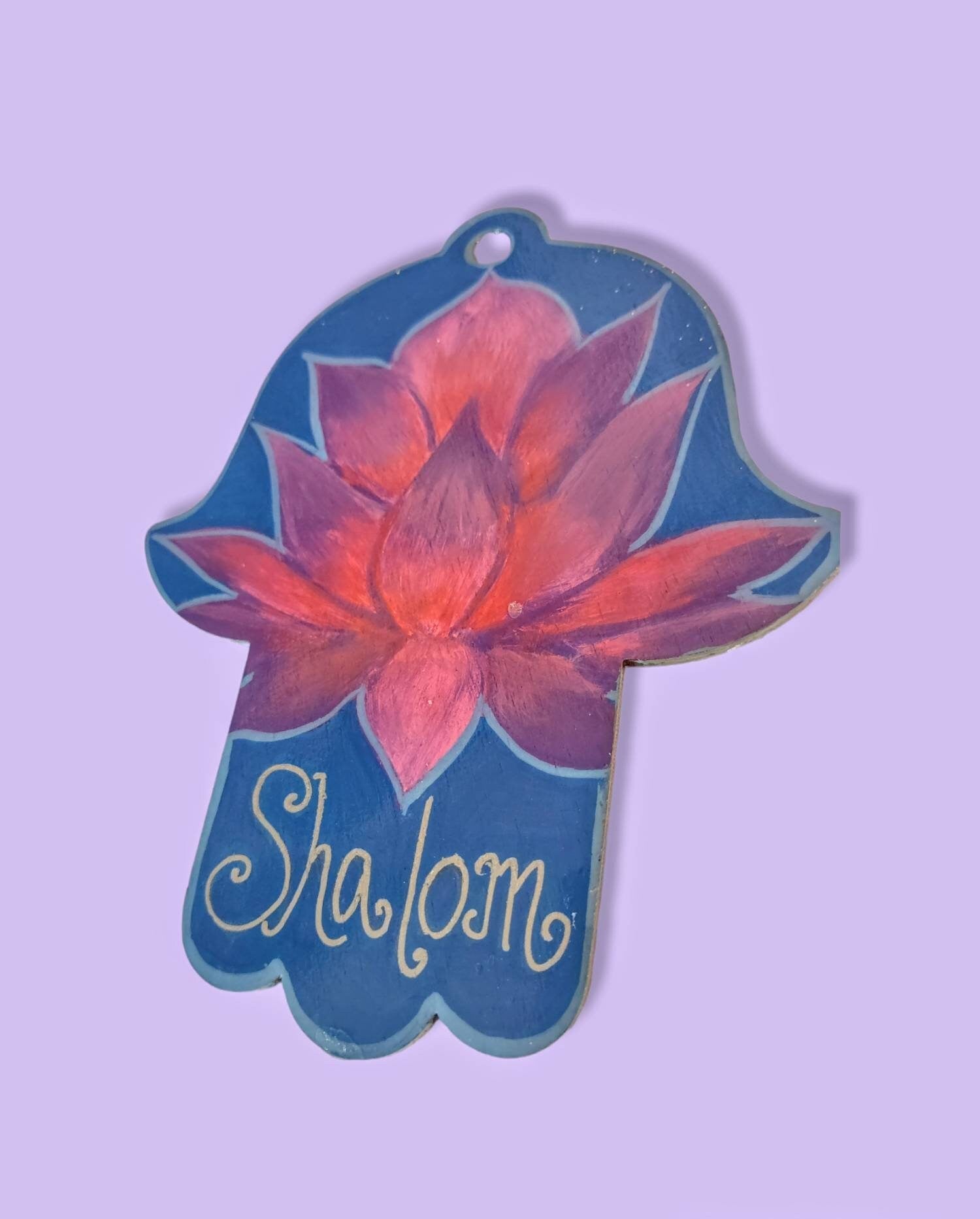 Lotus hamsa and mezuzah set — painted lotus hamsa reading Shalom with wood case | Judaica Square Lakewood (view 3)