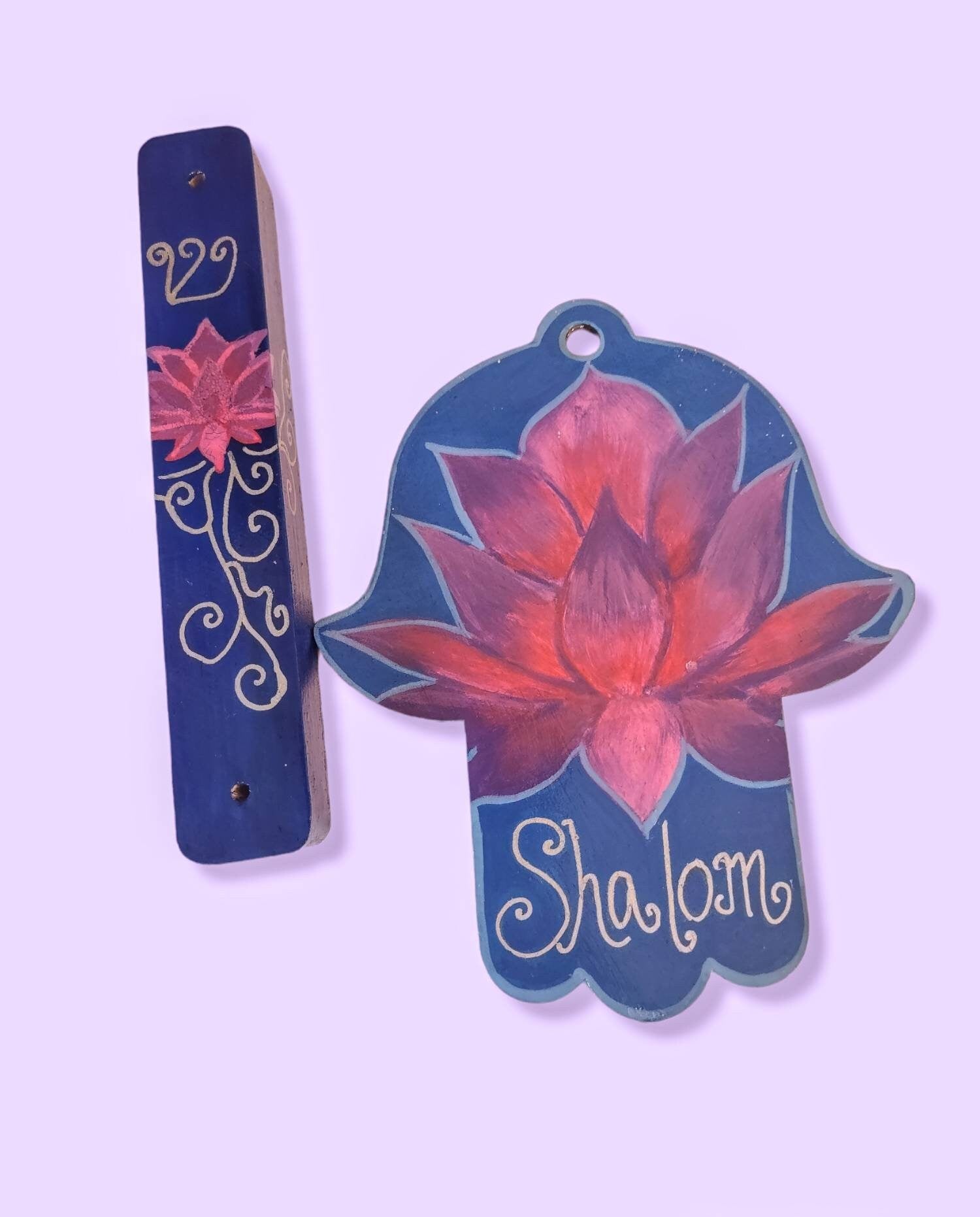 Lotus hamsa and mezuzah set — painted lotus hamsa reading Shalom with wood case | Judaica Square Lakewood (view 2)