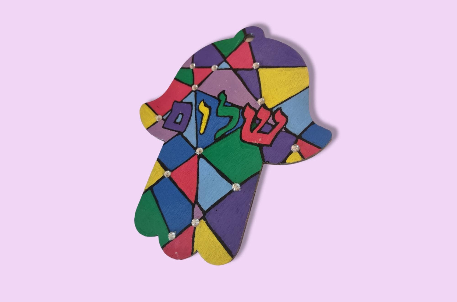 Faux stained glass mezuzah case — hand-painted wood in jewel-tone glass panels | Judaica Square Lakewood (view 3)