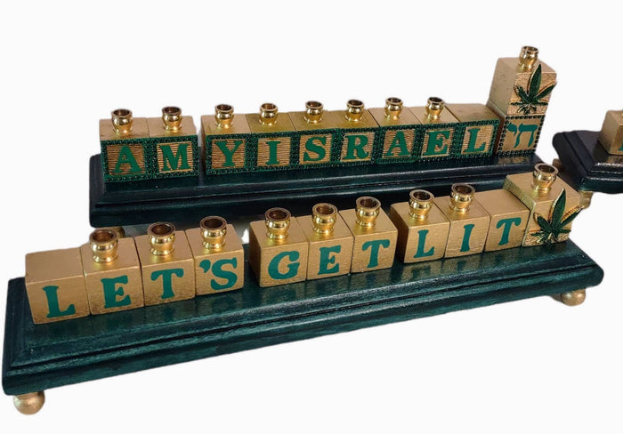 Cannabis menorah — painted wood blocks with vinyl lettering, rhinestones and brass cups | Judaica Square Lakewood