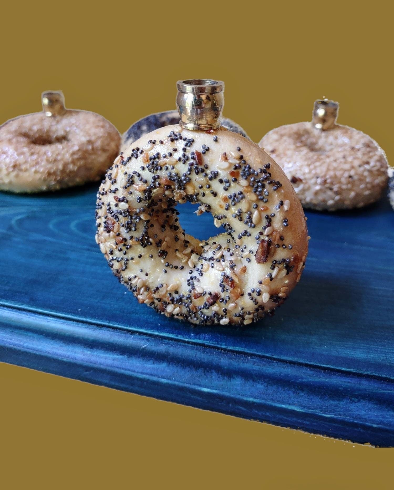 Bagel Lover's Menorah — nine real shellacked bagels on a long stained wood base | Judaica Square Lakewood (view 5)