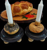 Bagel Shabbat candlesticks — shellacked real bagels on painted wood bases with brass candle cups | Judaica Square Lakewood