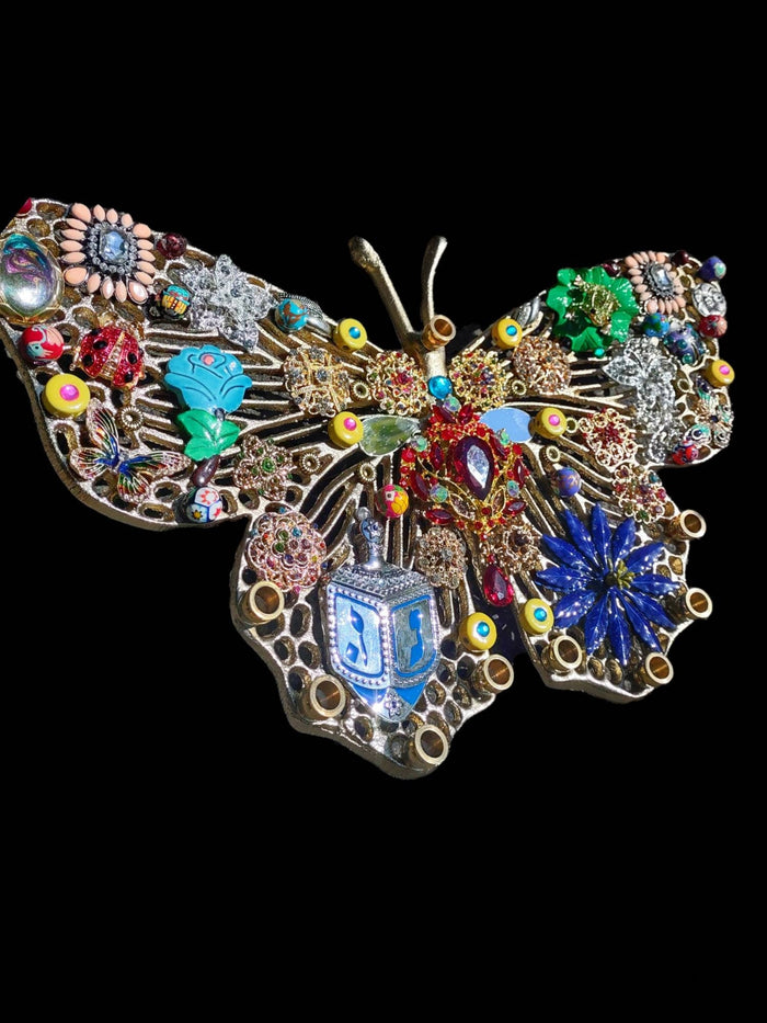 Butterfly bling menorah — jeweled butterflies made of vintage brooches and crystals | Judaica Square Lakewood