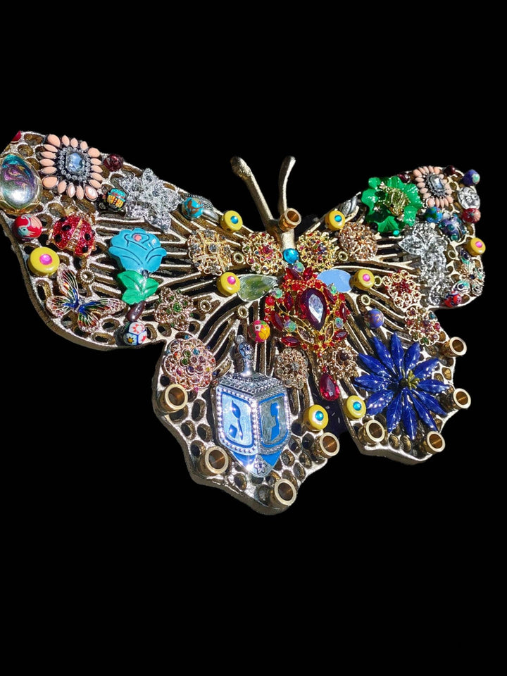 Butterfly Bling Hanukkah Menorah — Repurposed Vintage Jewelry Art