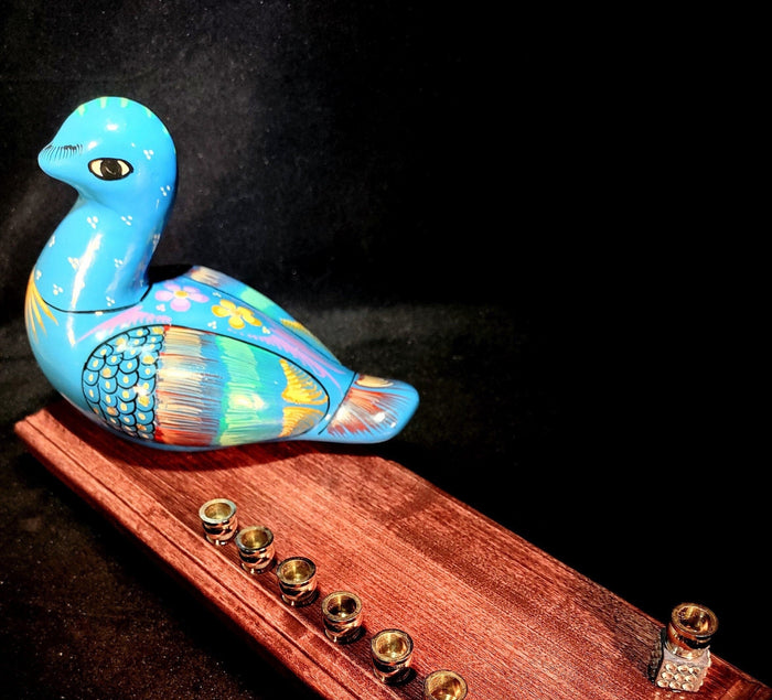 Blue bird menorah — vintage ceramic bird on stained wood base with nickel cups | Judaica Square Lakewood
