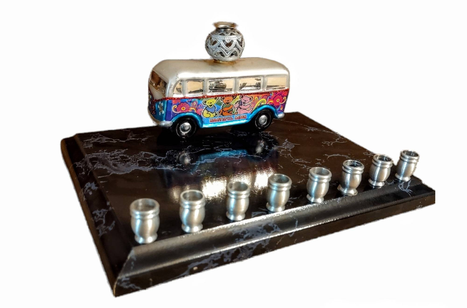 Grateful Dead Bus Menorah — glass hippie bus on a faux marble plaque | Judaica Square Lakewood (view 2)