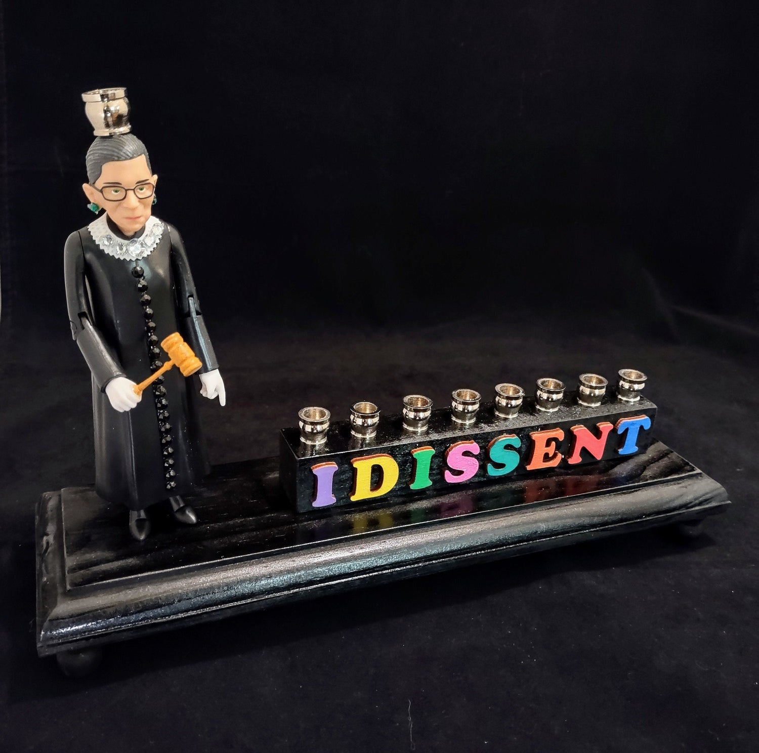 RBG I Dissent menorah — Ruth Bader Ginsburg figure in sparkly collar with letter tiles | Judaica Square Lakewood (view 2)