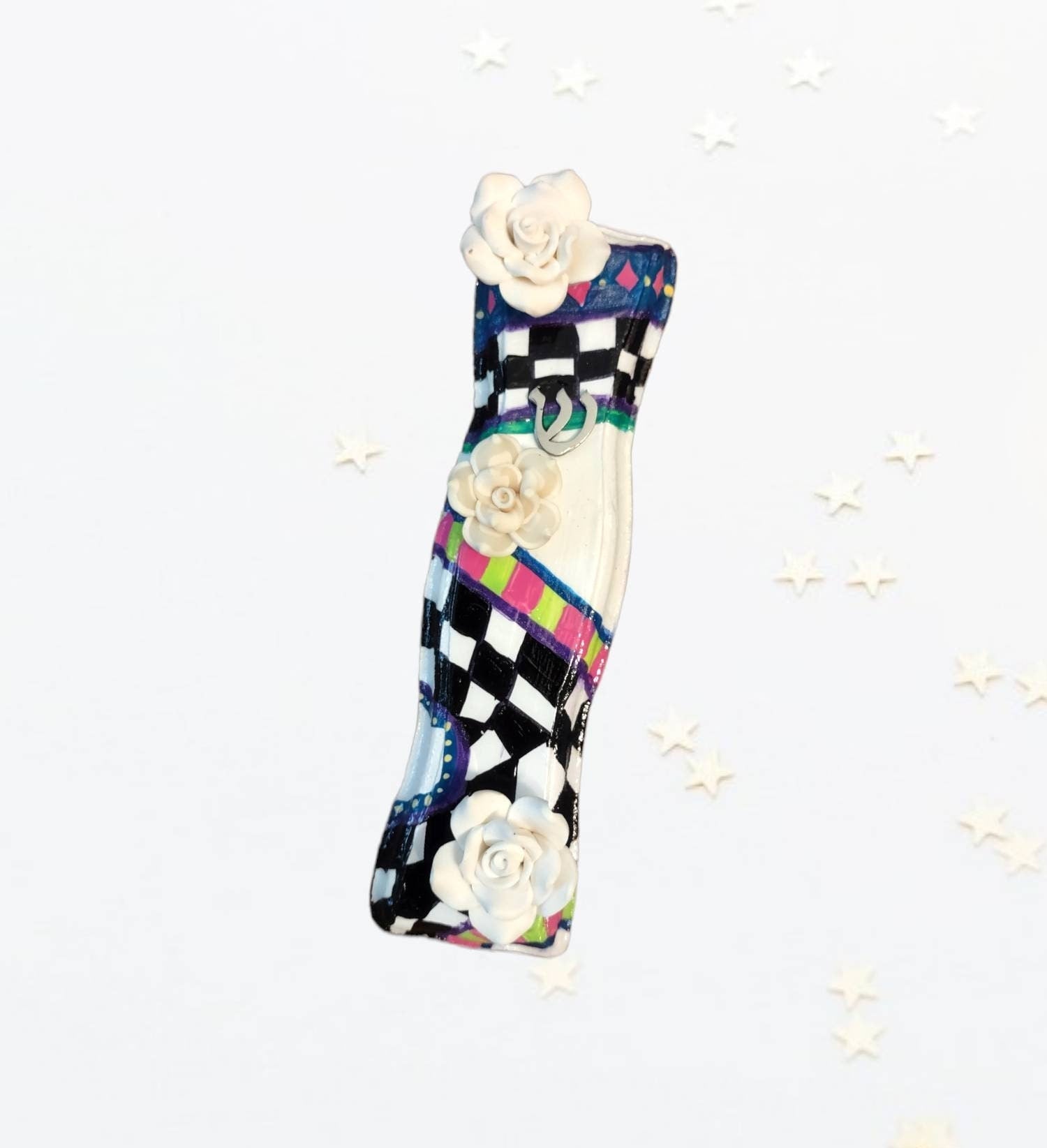 Checkered mezuzah case with flowers — modern painted MDF with silicone blooms | Judaica Square Lakewood (view 2)