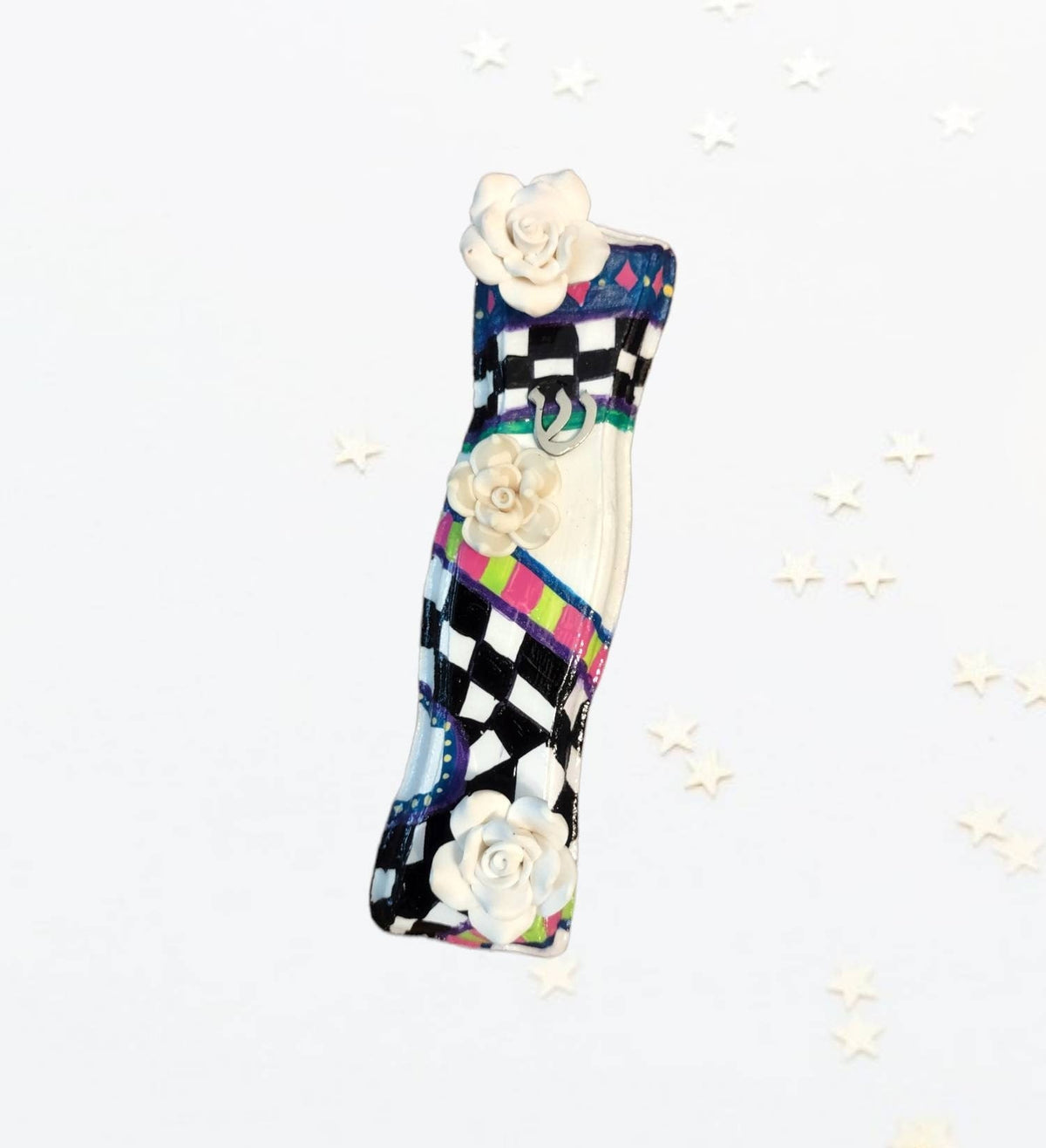 Checkered mezuzah case with flowers — modern painted MDF with silicone blooms | Judaica Square Lakewood (view 2)