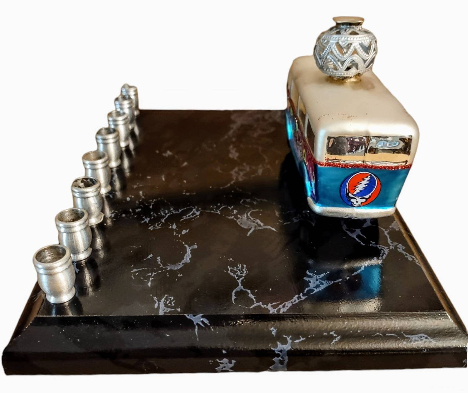 Grateful Dead Bus Menorah — glass hippie bus on a faux marble plaque | Judaica Square Lakewood (view 3)