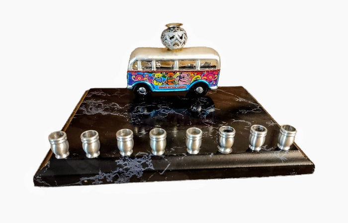Grateful Dead Bus Menorah — glass hippie bus on a faux marble plaque | Judaica Square Lakewood