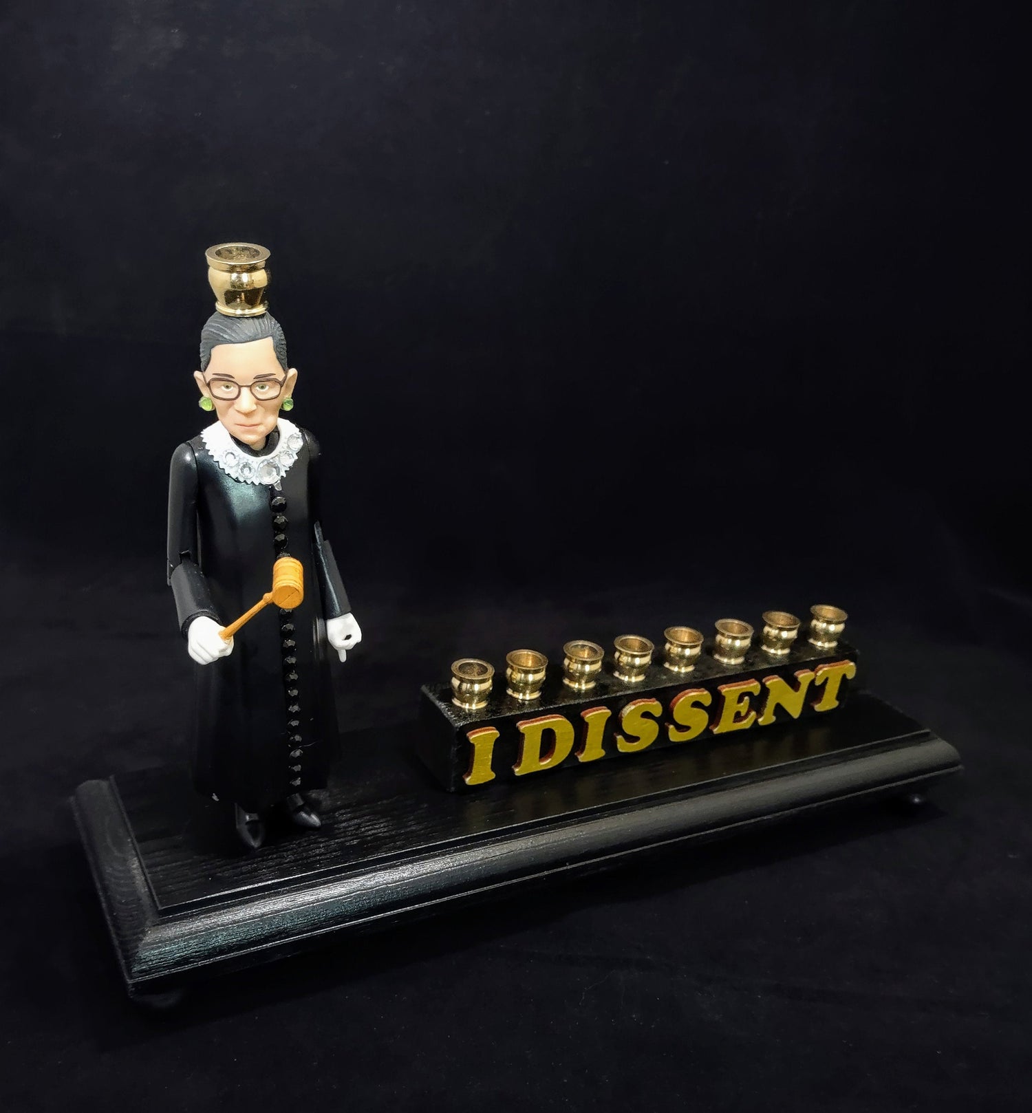 RBG I Dissent menorah — Ruth Bader Ginsburg figure in sparkly collar with letter tiles | Judaica Square Lakewood (view 4)