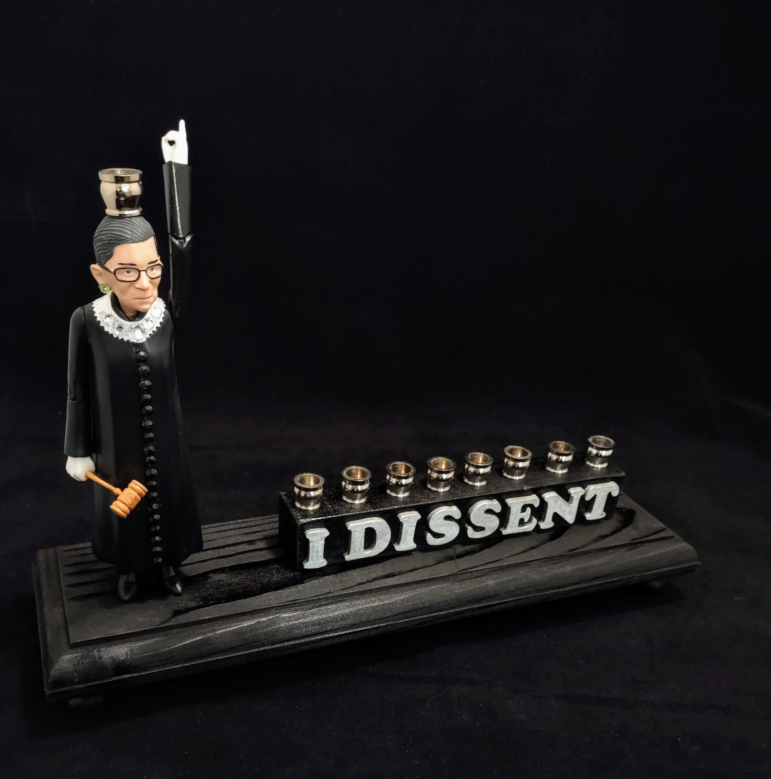 RBG I Dissent menorah — Ruth Bader Ginsburg figure in sparkly collar with letter tiles | Judaica Square Lakewood (view 3)