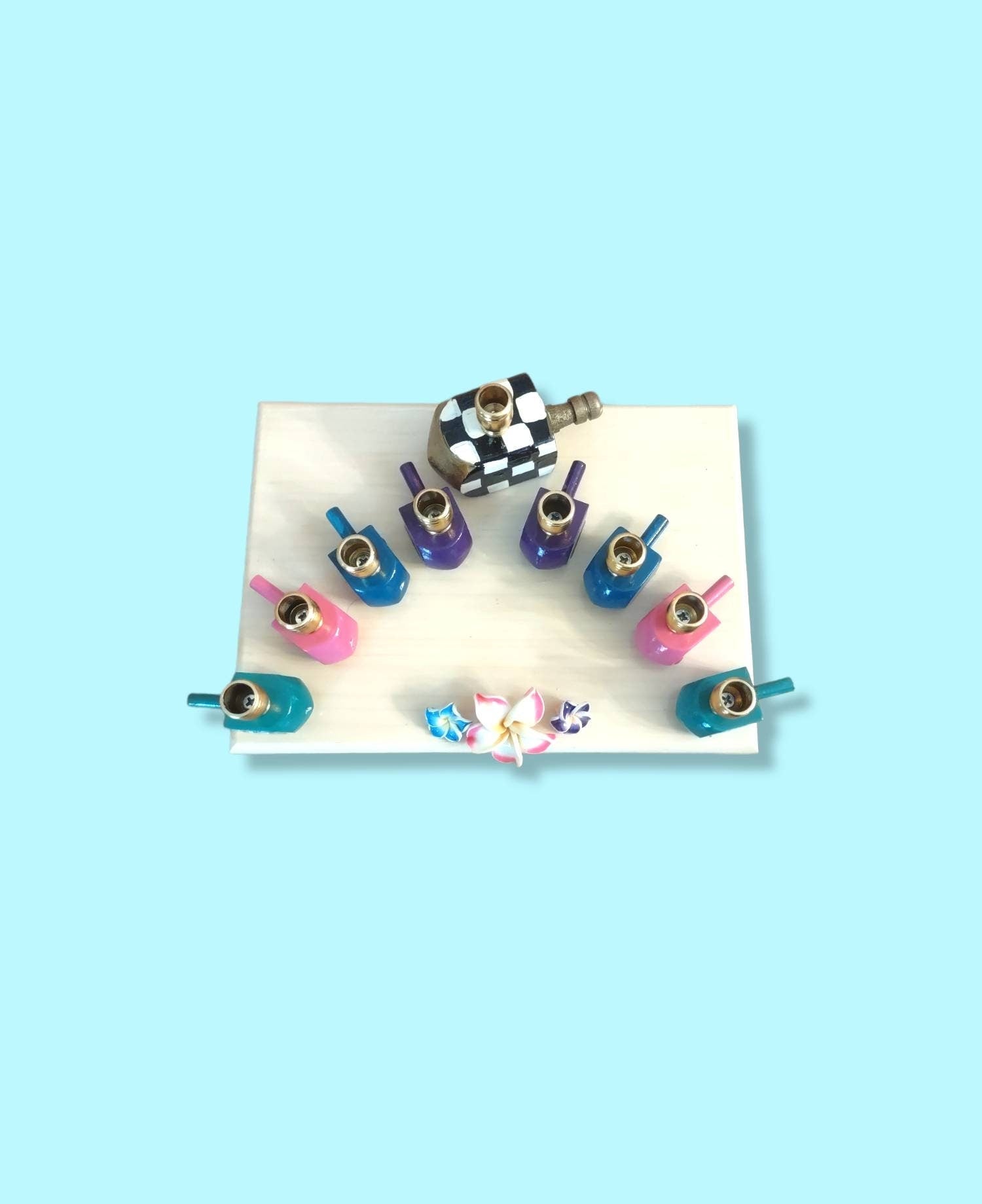 Jewel Tone Menorah — checkered painted dreidels with tropical flowers | Judaica Square Lakewood (view 4)