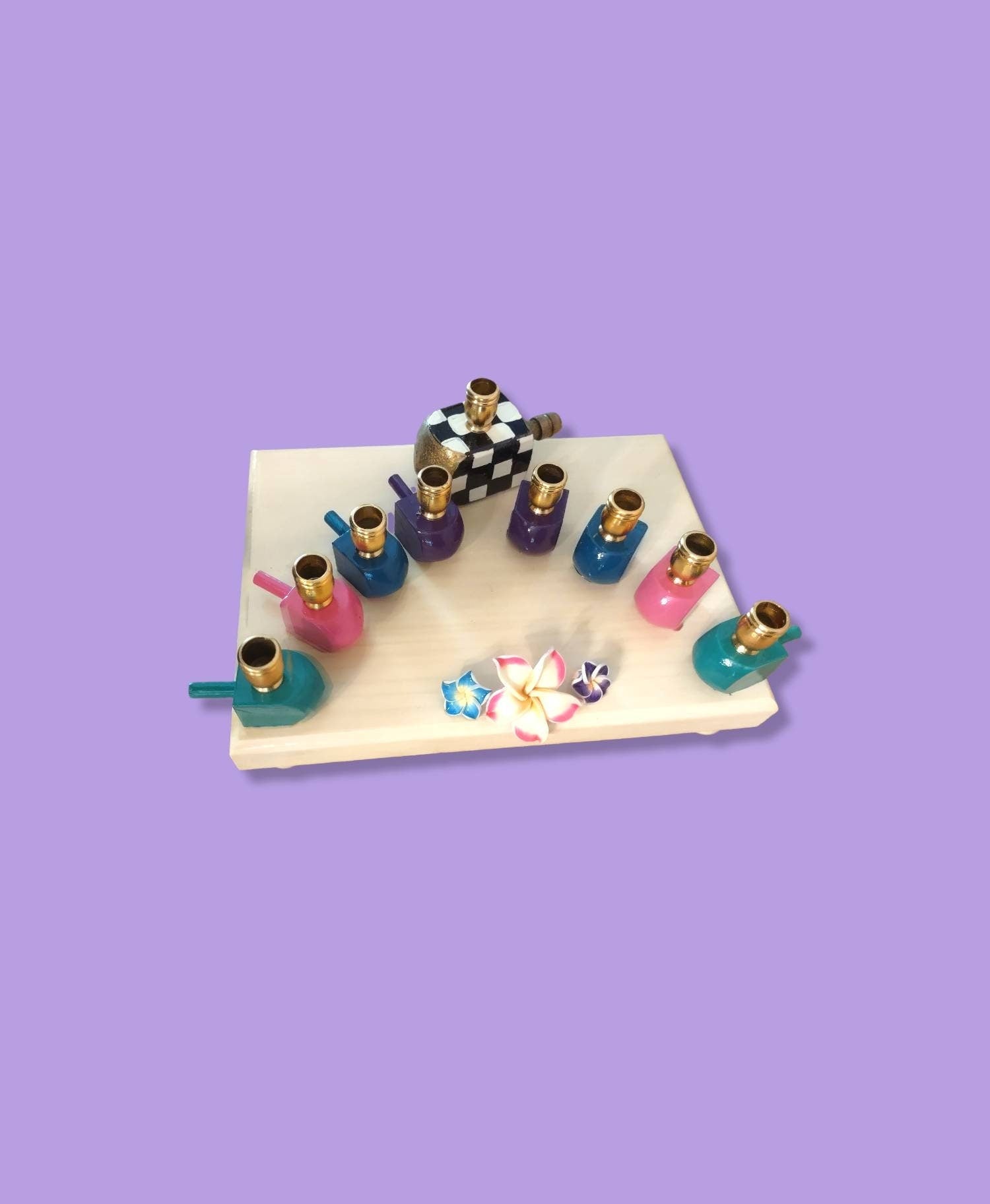 Jewel Tone Menorah — checkered painted dreidels with tropical flowers | Judaica Square Lakewood (view 5)