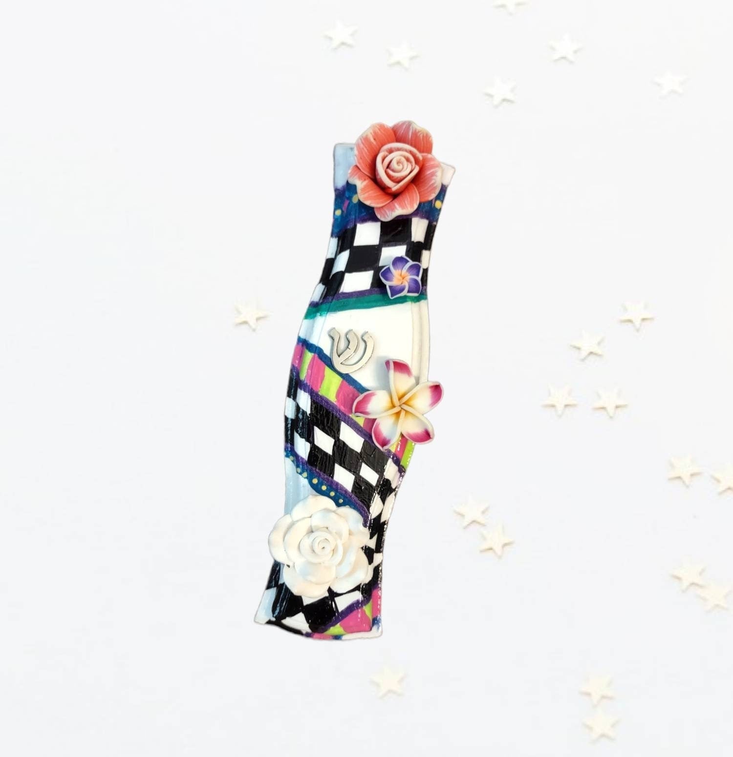 Checkered mezuzah case with flowers — modern painted MDF with silicone blooms | Judaica Square Lakewood (view 3)