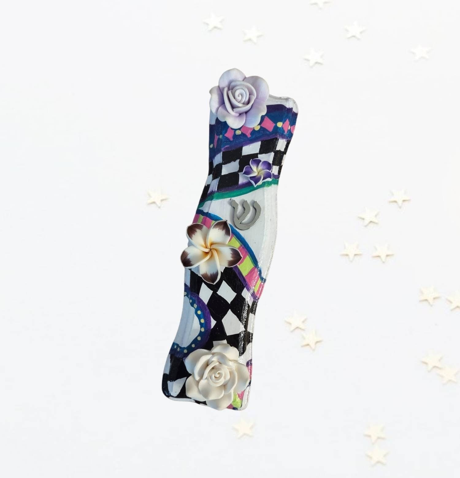 Checkered mezuzah case with flowers — modern painted MDF with silicone blooms | Judaica Square Lakewood (view 4)