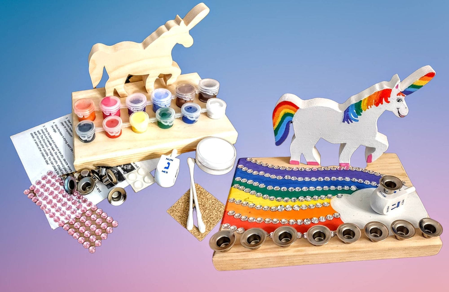 Unicorn menorah craft kit — Jewnicorn wooden menorah parts with decorations and paint | Judaica Square Lakewood (view 4)