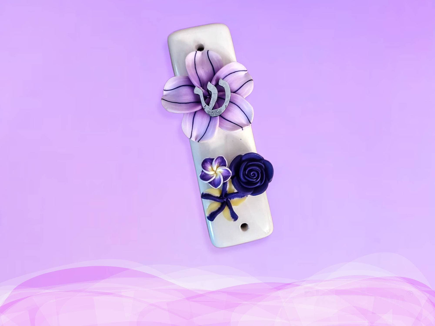 Ceramic tropical flower mezuzah case — slim glazed case with silicone bloom and metal trim | Judaica Square Lakewood (view 4)
