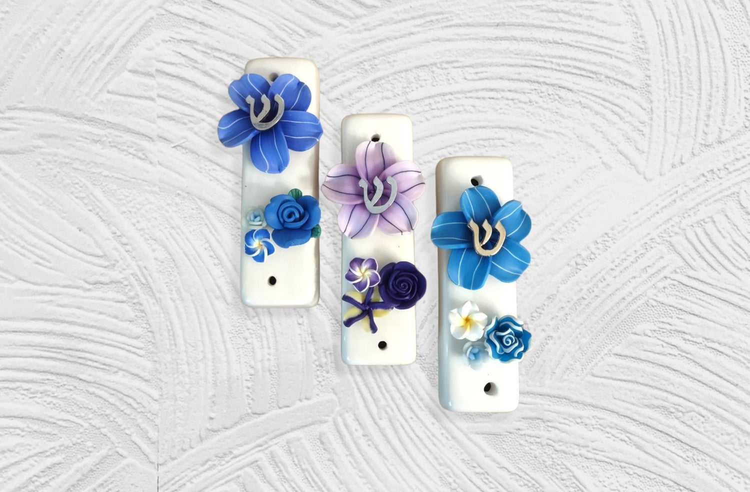 Ceramic tropical flower mezuzah case — slim glazed case with silicone bloom and metal trim | Judaica Square Lakewood (view 2)