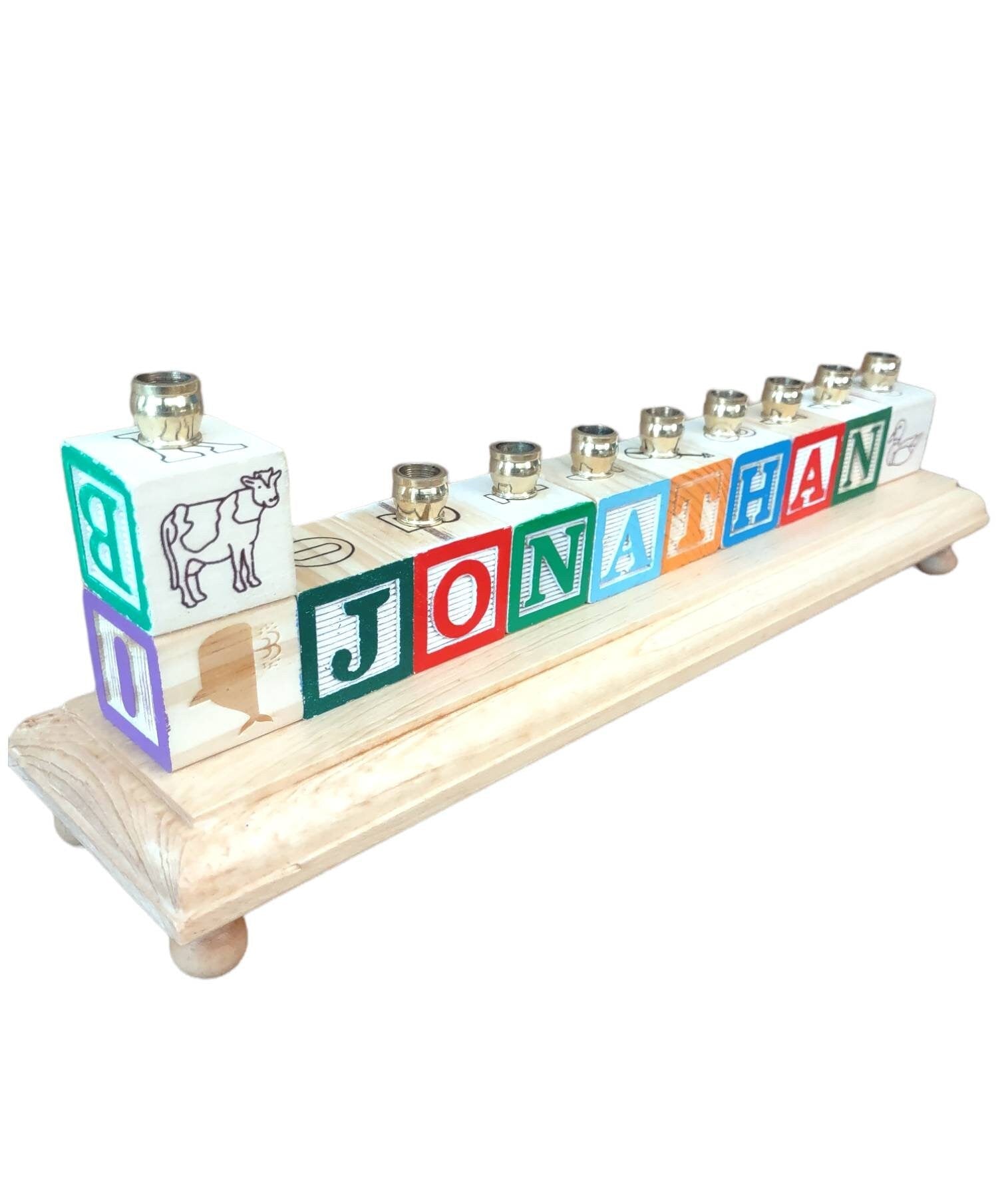 Personalized name menorah — repurposed wooden alphabet blocks on stained base with brass cups | Judaica Square Lakew (view 4)