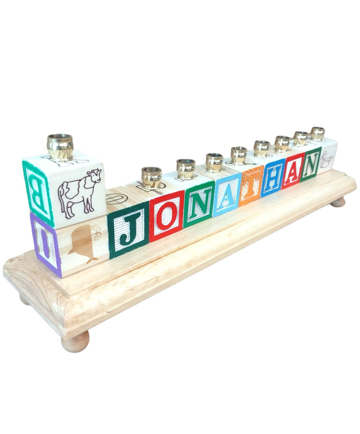 Personalized name menorah — repurposed wooden alphabet blocks on stained base with brass cups | Judaica Square Lakew (view 4)