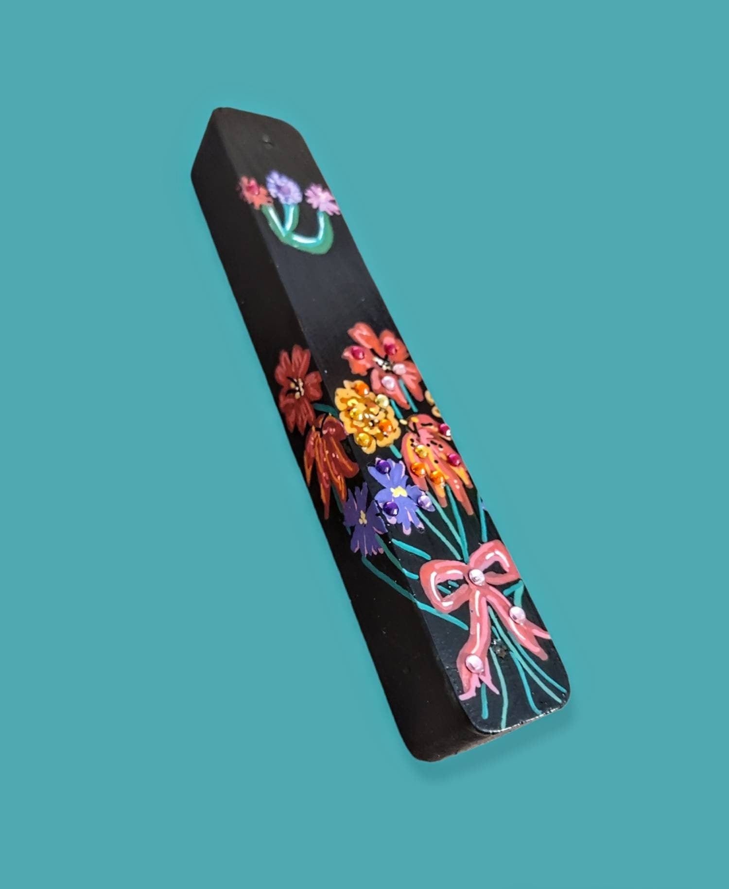 Floral bouquet mezuzah case — hand-painted flowers with rhinestone accents on wood | Judaica Square Lakewood (view 2)