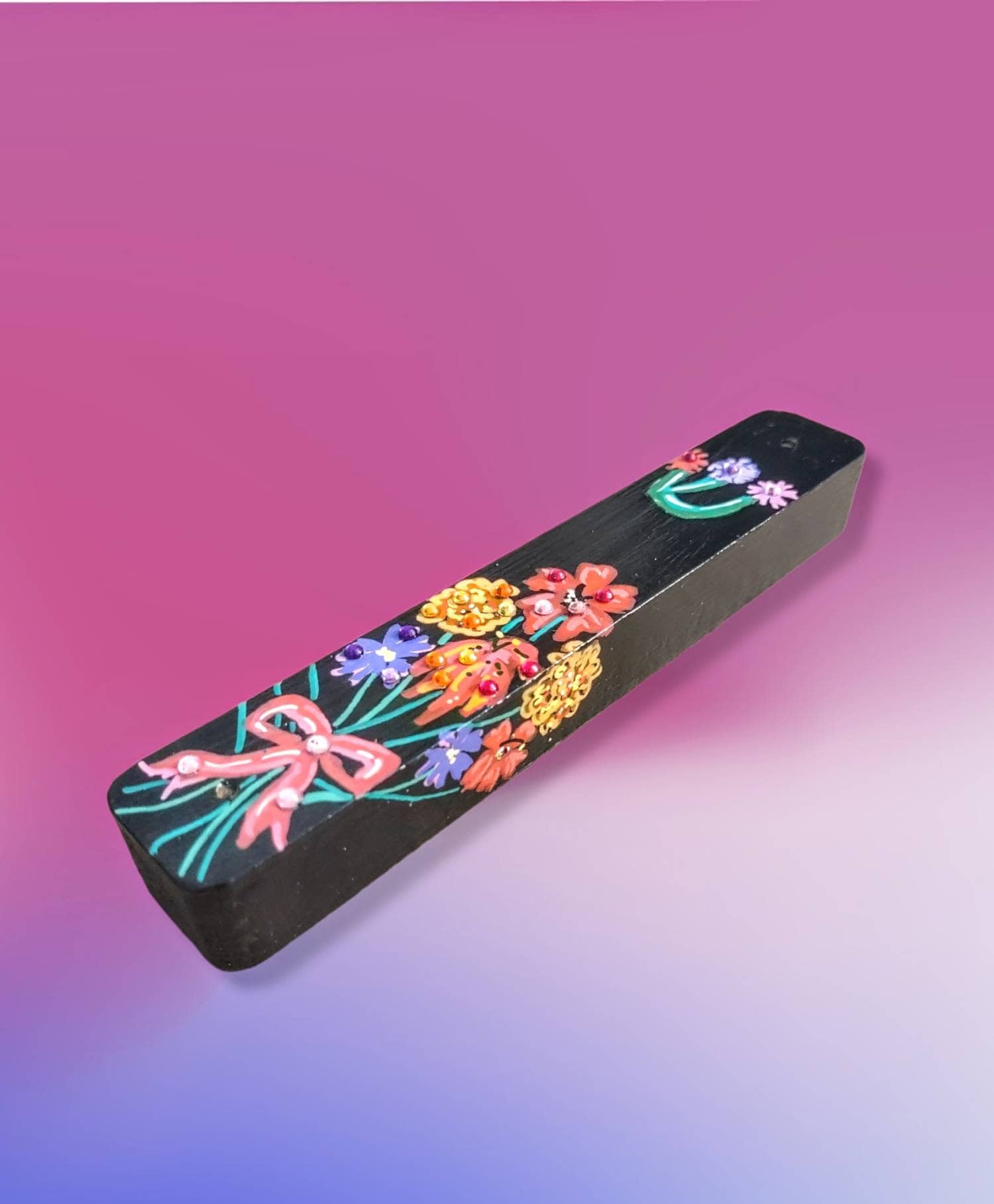 Floral bouquet mezuzah case — hand-painted flowers with rhinestone accents on wood | Judaica Square Lakewood (view 3)