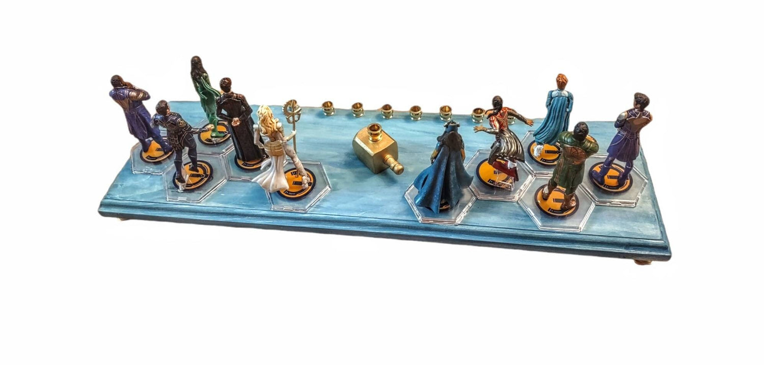 Eternals Menorah — row of superhero figures on a stained wood base with candle cups | Judaica Square Lakewood (view 5)