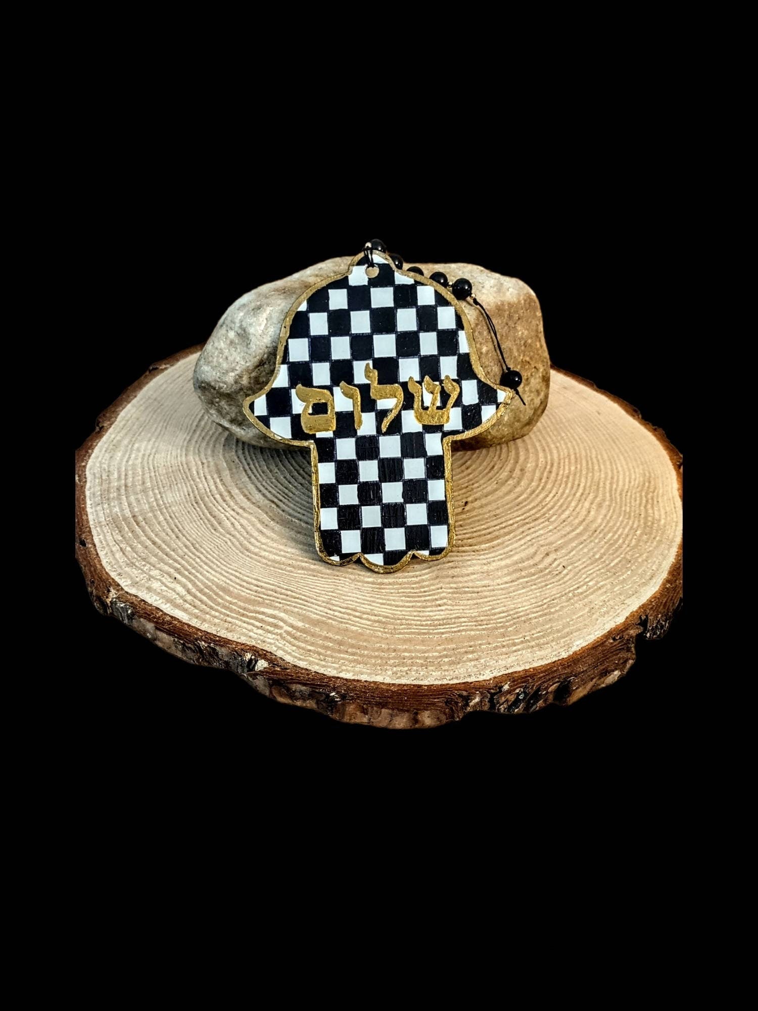 Checkerboard Shalom hamsa — sealed wood hanging on vintage beads | Judaica Square Lakewood (view 3)