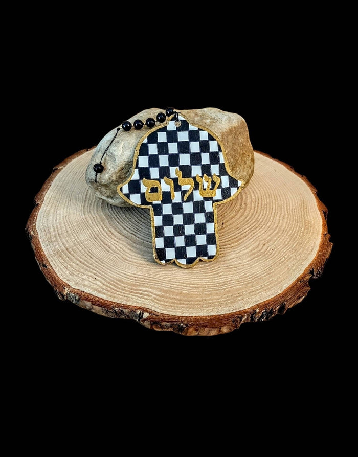 Checkerboard Shalom hamsa — sealed wood hanging on vintage beads | Judaica Square Lakewood