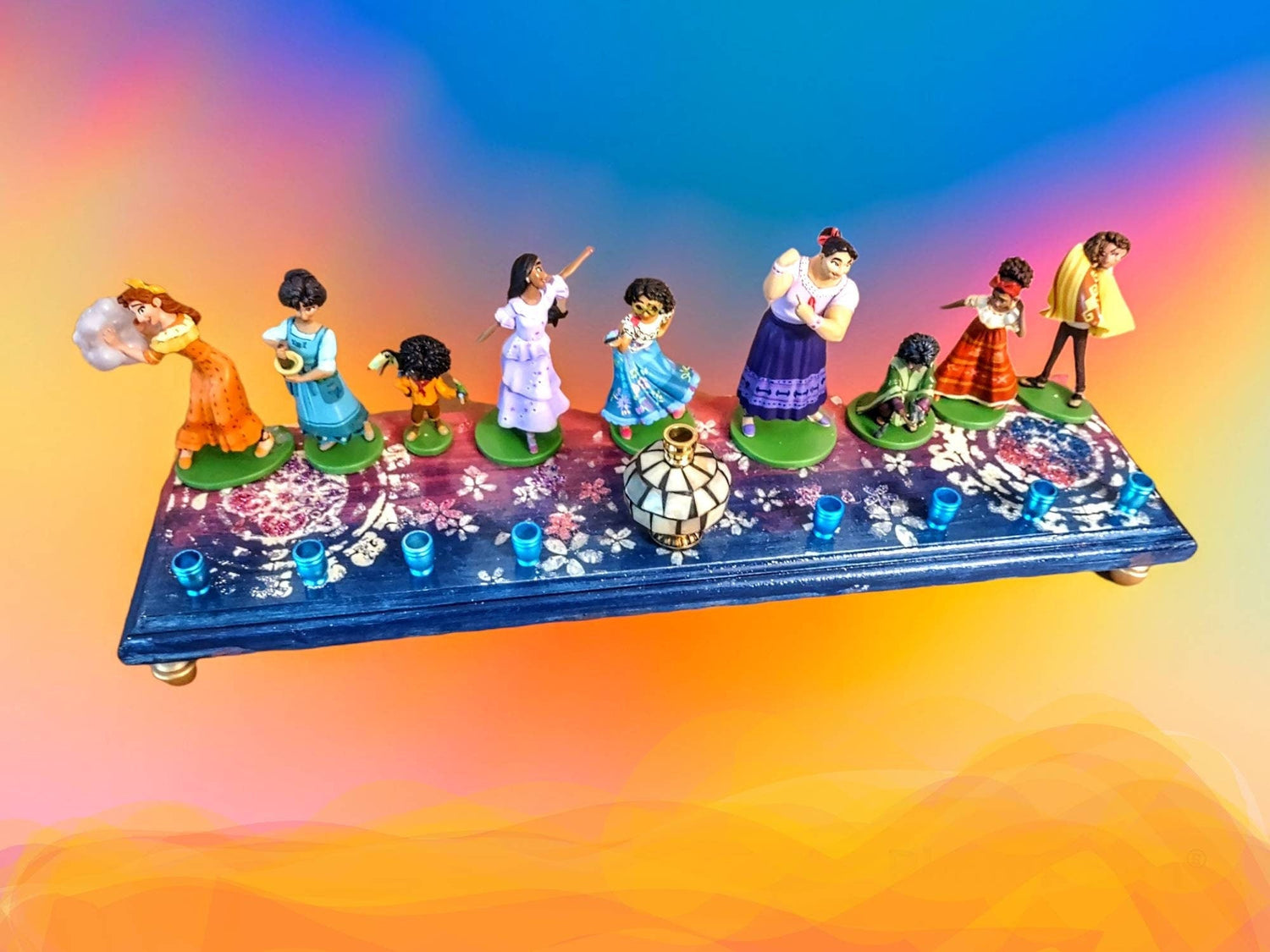 Encanto collector menorah — glittered Disney figures around a vintage door knob shamash | Judaica Square Lakewood (view 3)