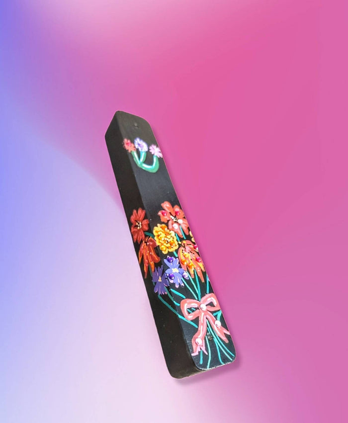 Floral bouquet mezuzah case — hand-painted flowers with rhinestone accents on wood | Judaica Square Lakewood