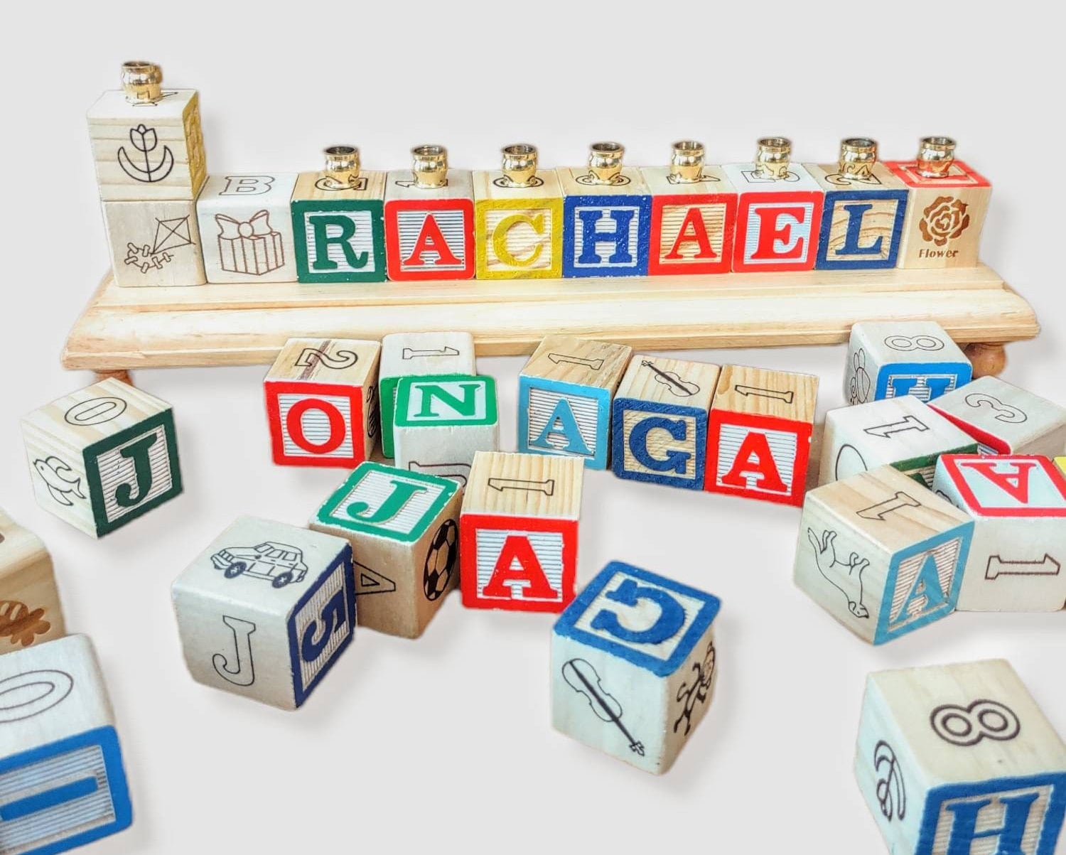 Personalized name menorah — repurposed wooden alphabet blocks on stained base with brass cups | Judaica Square Lakew (view 3)