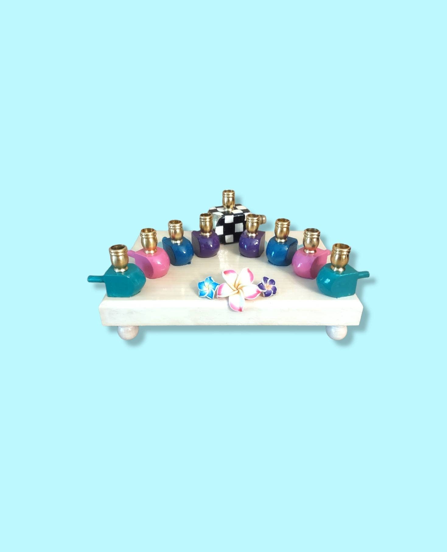 Jewel Tone Menorah — checkered painted dreidels with tropical flowers | Judaica Square Lakewood (view 2)