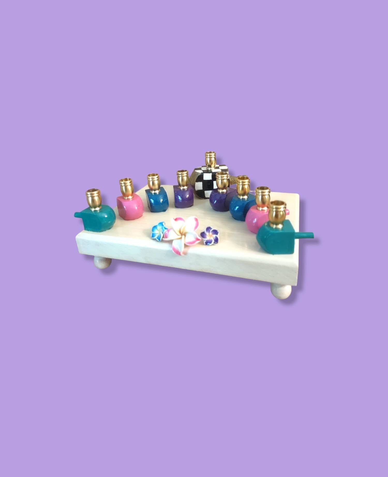 Jewel Tone Menorah — checkered painted dreidels with tropical flowers | Judaica Square Lakewood (view 3)