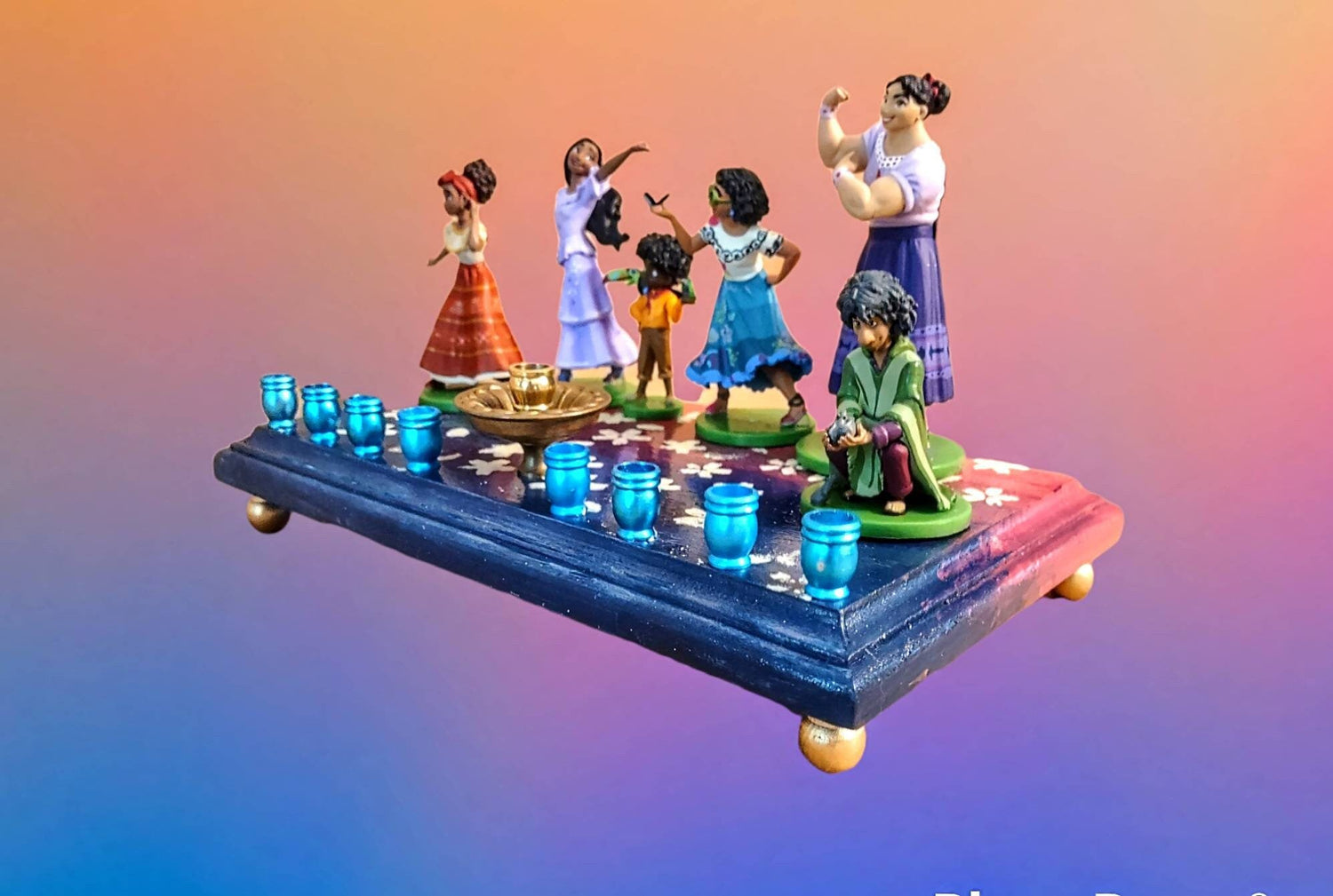 Encanto menorah — repurposed Disney figurines with glitter paint on a choice of base | Judaica Square Lakewood (view 5)
