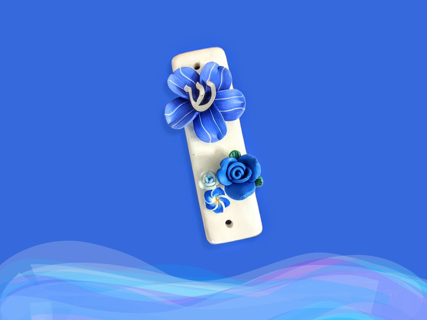 Ceramic tropical flower mezuzah case — slim glazed case with silicone bloom and metal trim | Judaica Square Lakewood (view 5)