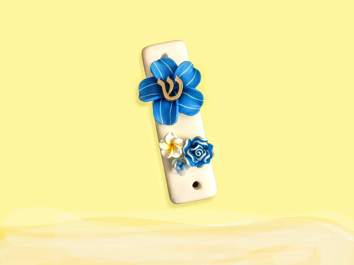 Ceramic tropical flower mezuzah case — slim glazed case with silicone bloom and metal trim | Judaica Square Lakewood (view 3)