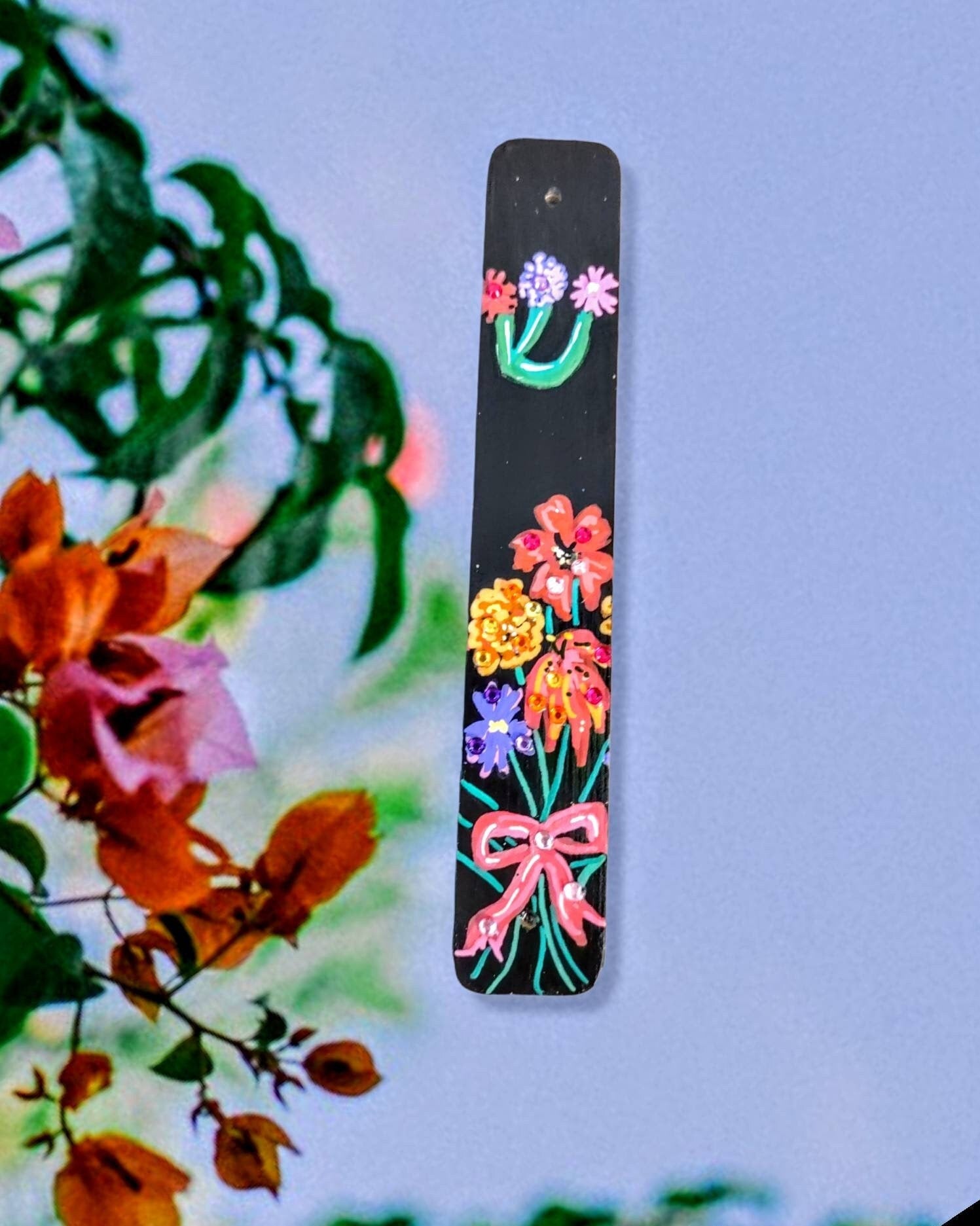 Floral bouquet mezuzah case — hand-painted flowers with rhinestone accents on wood | Judaica Square Lakewood (view 5)