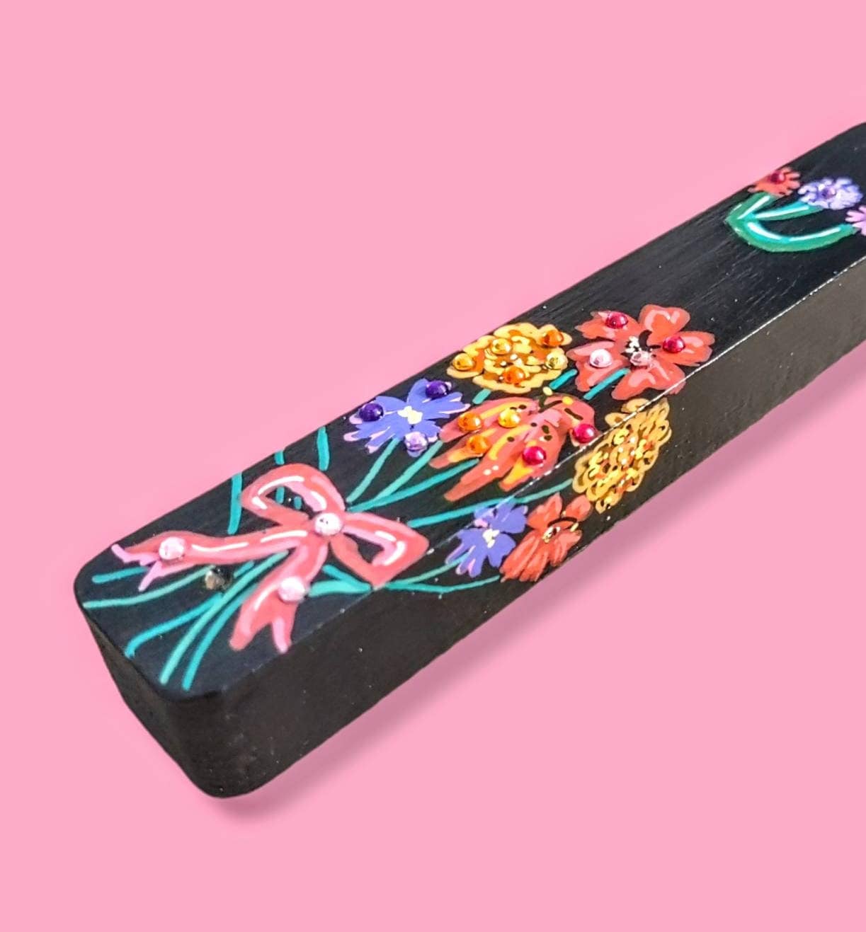 Floral bouquet mezuzah case — hand-painted flowers with rhinestone accents on wood | Judaica Square Lakewood (view 4)