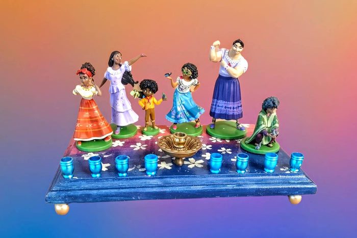 Encanto collector menorah — glittered Disney figures around a vintage door knob shamash | Judaica Square Lakewood