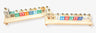 Personalized name menorah — repurposed wooden alphabet blocks on stained base with brass cups | Judaica Square Lakewood